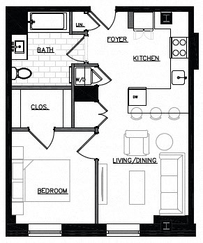 Floor plan for 1 bed, 1 bath, 600 sqft